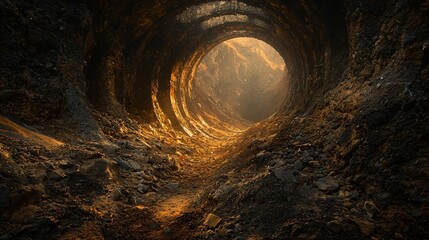 Enigmatic tunnel illuminated by natural light creating a stunning contrast against the surrounding landscape in a hidden valley setting
