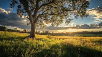 Lone tree silhouette in a grassy field under a dramatic cloudy sky with a golden sunset
