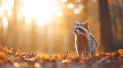 Obraz premium Autumnal raccoon in a golden forest