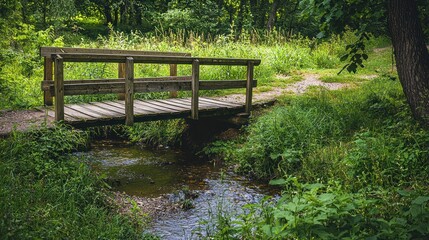 Fototapeta premium Wooden bridge over a small stream in the countryside, surrounded by greenery on white