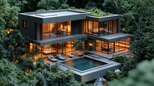 Isometric view of a modern house with the lights on and a pool in the backyard, surrounded by trees