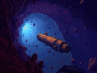 Fototapeta premium A long, rusty vessel floating within a cavernous space.