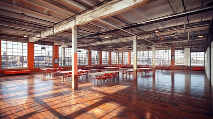 Spacious Industrial Loft Interior with Wooden Floors and City View Windows