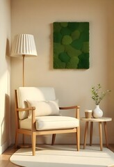 A cream-colored chair with a wooden frame, a floor lamp with a pleated shade, a small table with a vase and a cup, and mossy wall decoration in a beige room