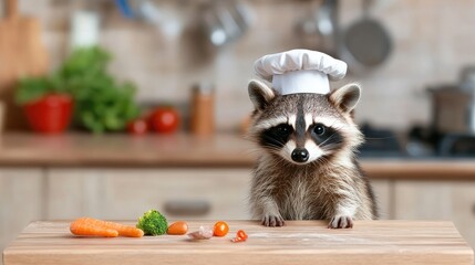 Raccoon chef in a kitchen with fresh vegetables