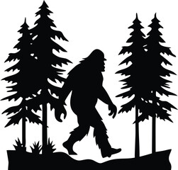Fototapeta premium Epic Bigfoot Silhouette Vector Collection Featuring Forest, Mountain, and Mythical Cryptid Scenes in Minimalist Black Style