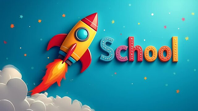 Creative Rocket Ship Assembled from Colorful Crayons and Various School Supplies on a Blue Backdrop