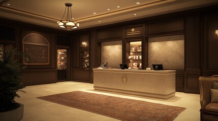 Elegant hotel reception with warm lighting and decor