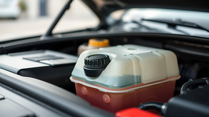 coolant tank in a car, coolant is a substance, typically liquid, that is used to reduce or regulate the temperature of a system, a car coolant system, selective focus