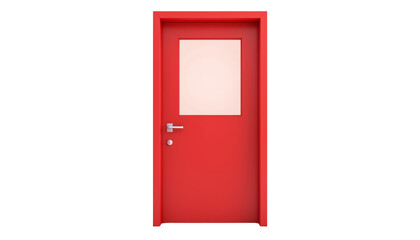 Bright red door with a window in a simple design.