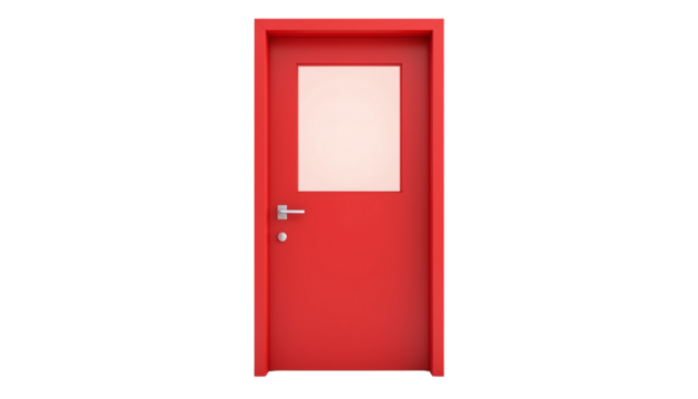 Bright red door with a window in a simple design.