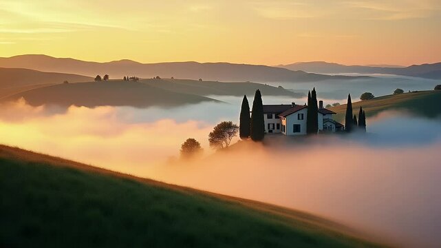 Foggy Landscape at Sunrise in a Hilly Region with a Traditional Building