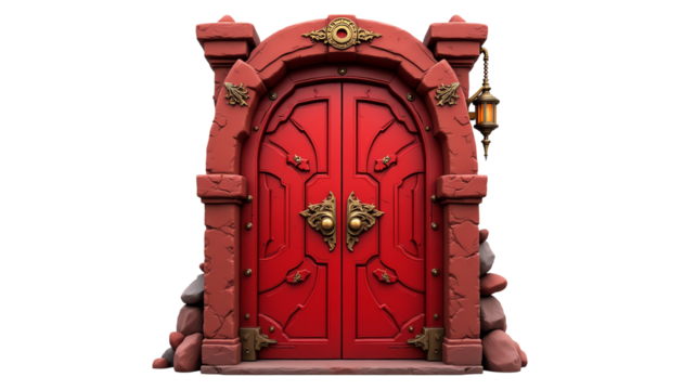 A vibrant red door with ornate details.
