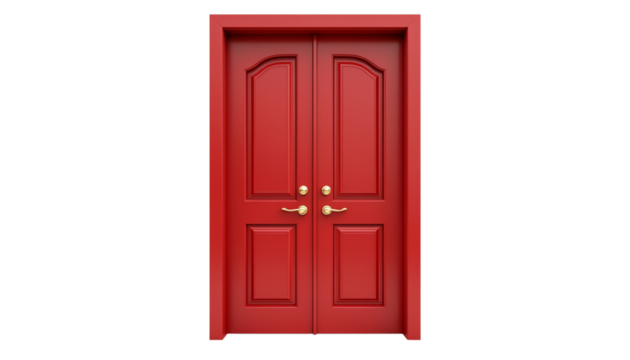 Elegant red double door with golden handles.