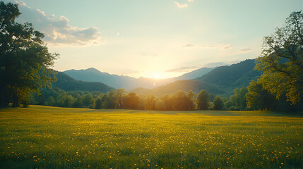 Obraz premium Serene sunset over a vibrant meadow, bathed in golden light, mountains in the background. A picturesque landscape perfect for tranquility and nature themes.