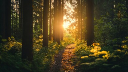 Obraz premium Sun shining through trees on a forest path