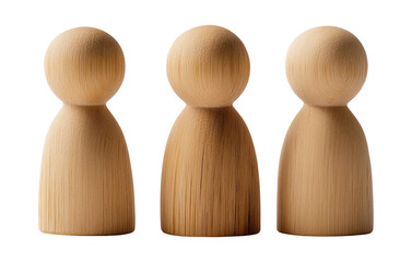 Three wooden board game figures isolated on transparent background