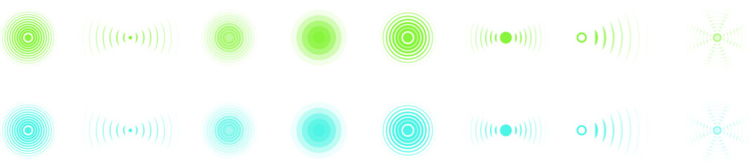 Set of radar icon in green and blue tones. Sonar sound waves icon. Signal concentric circles. Sonar wave and echo sounding symbol isolated on transparent background. Vector illustration