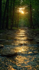 Sun lights up a stream surrounded by green trees