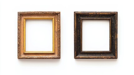 Fototapeta premium Wooden frames with antique-style gold accents and worn edges on white background.