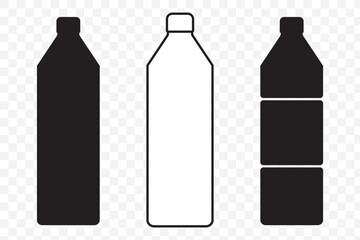 Set of black vector bottle icons isolated on Transparent background. PET bottle plastic. Water bottle set. Plastic bottle collection. Vector illustration on Transparent Background. EPS 10.