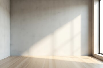 Sunlit Room with Wooden Floor and Concrete Wall, Modern Minimalist Interior with Bright Natural Light from Large Window                               
