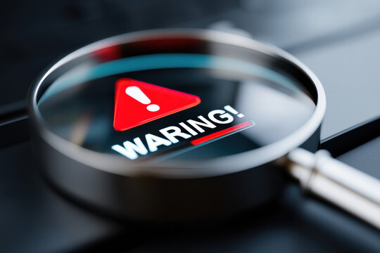 Magnifying glass highlighting warning icon on loading bar indicating issue detection, error troubleshooting, and system malfunction alerts