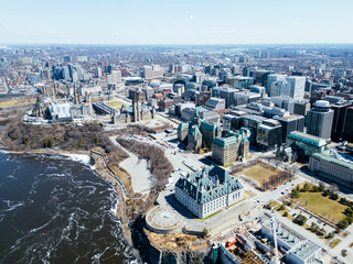 Aerial view of the capital Parliament under renovation the skyline of downtown Ottawa