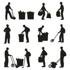 Set of sanitation workers and tools in various cleaning activities