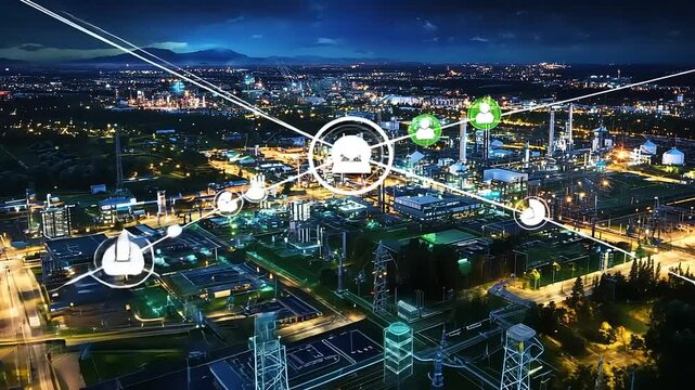 Aerial view of a modern industrial city at night, showcasing energy infrastructure and technology