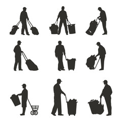 Set of sanitation worker silhouettes in multiple cleaning positions