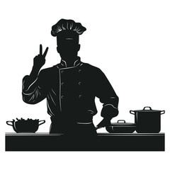 Chef giving thumbs up in kitchen silhouette illustration