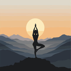 Silhouette of a woman doing yoga at sunrise in mountains