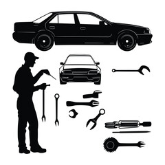 Set of mechanic tools and car silhouette with standing technician