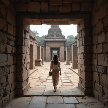 Woman exploring ancient temple site at Badami. Tourist walking among ruins stone walls gateways in Karnataka, India
