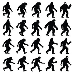 Epic Bigfoot Silhouette Vector Collection Featuring Forest, Mountain, and Mythical Cryptid Scenes in Minimalist Black Style