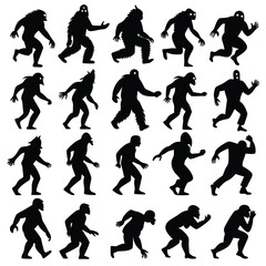Epic Bigfoot Silhouette Vector Collection Featuring Forest, Mountain, and Mythical Cryptid Scenes in Minimalist Black Style