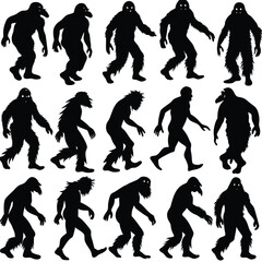 Epic Bigfoot Silhouette Vector Collection Featuring Forest, Mountain, and Mythical Cryptid Scenes in Minimalist Black Style