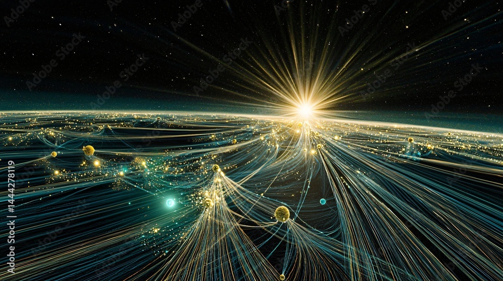 Poster majestic planet surrounded by a mystical bright light shining over its surface creating a sense of w