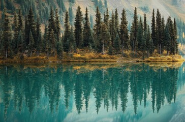 Calm lake reflecting surrounding trees, tranquil natural