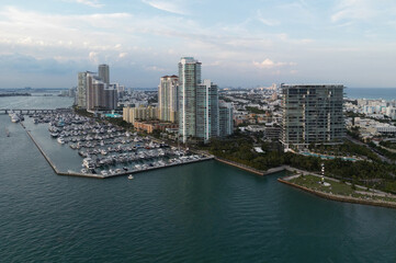 Miami Beach aerial view with skyline. Miami from above. Miamis famous landmarks. South Pointe beach with skyscrapers. Miami city panorama. Miami skyline and ocean.