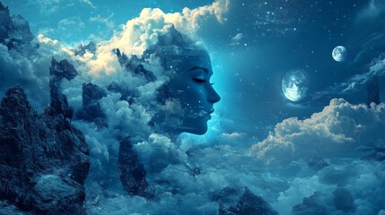 Fototapeta premium A surreal portrait of a woman's face emerging from clouds in the night sky, with planets and stars surrounding her.