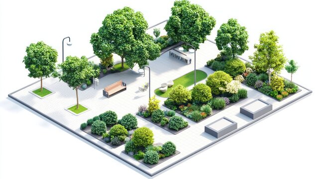 3D isometric view of a modern city park with trees, benches, and landscaped bushes on white