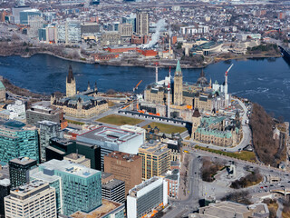 Fototapeta premium Aerial view of the capital Parliament under renovation the skyline of downtown Ottawa