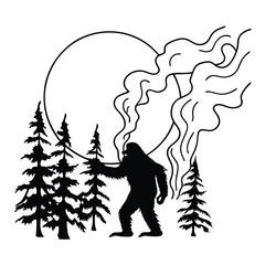 Epic Bigfoot Silhouette Vector Collection Featuring Forest, Mountain, and Mythical Cryptid Scenes in Minimalist Black Style