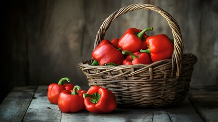Rustic Basket of Red Bell Peppers
