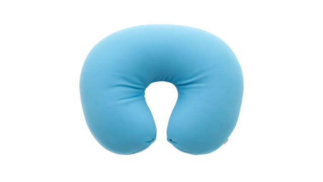 Isolated product shot of a versatile light blue U shaped pillow for travel or nursing