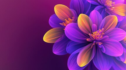 Fototapeta premium Vibrant abstract flowers in neon purple and yellow hues, layered dynamically on a deep magenta backdrop, symbolizing empowerment.