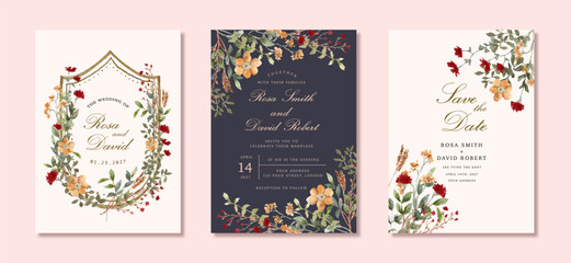 wedding invitation set with beautiful wildflower watercolor frame