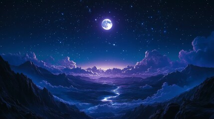 Serene Night Moonlit Mountainscape Under a Starry Sky